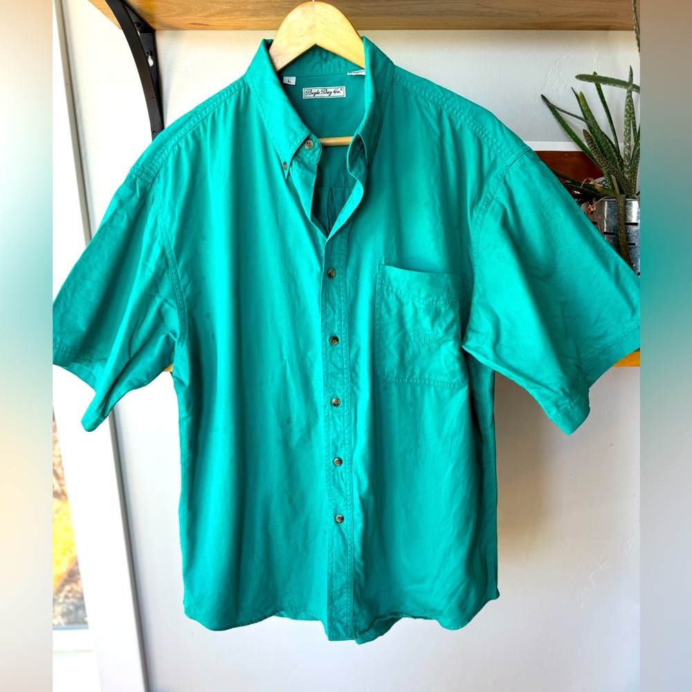 Vintage Bugle Boy Co. Teal Cotton Logo Pocket Short Sleeve Dress Shirt Sz Large